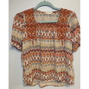 Solitaire Womens Orange Square Neck Aztec Print Embroidered Blouse Top Size S